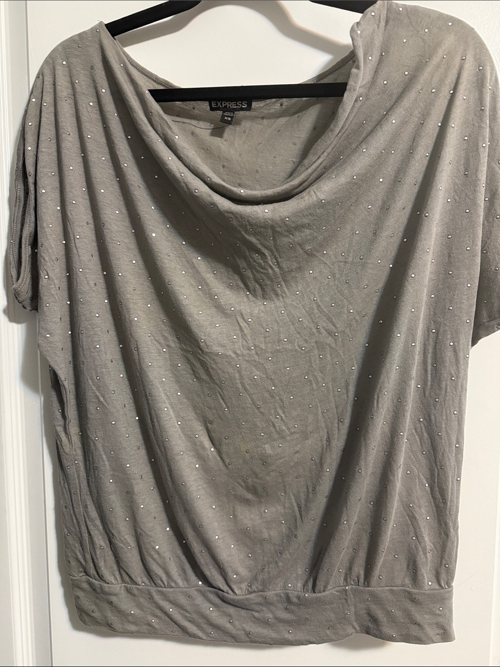 Express Gray Short Sleeve Drape Neck Top with Stud Accents